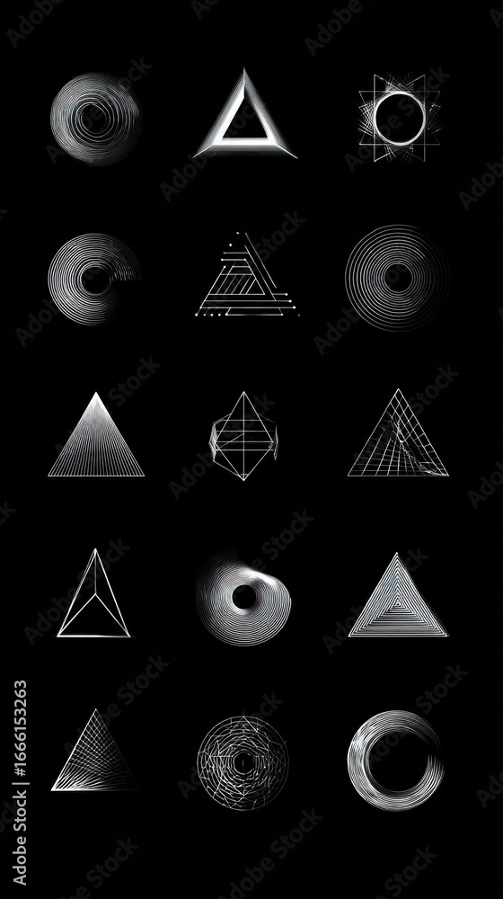 Poster unique geometric patterns with intricate lines and shapes on a black background showcasing artistic 