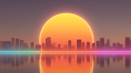 City skyline at sunset with neon glow reflected in calm water