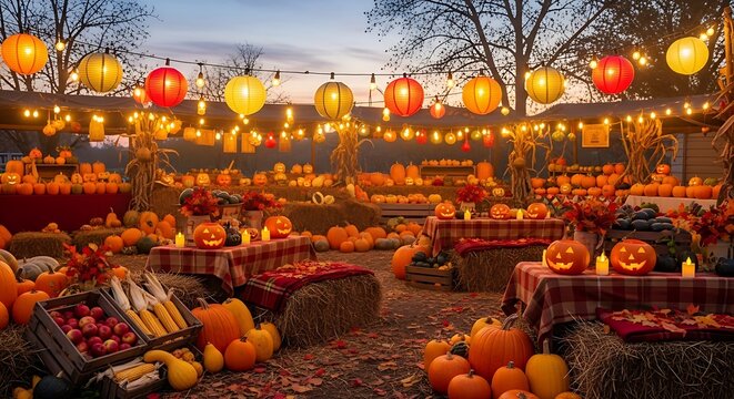 Halloween Pumpkin Display at Night.