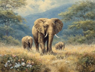 Obraz premium Elephant Family Frolic: Majestic Adult with Playful Calves in Lush Savannah Paradise