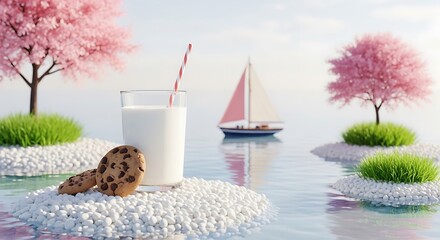 Obraz premium A glass of milk with chocolate chip cookies and a striped straw on a small island with trees and a sailboat in the background