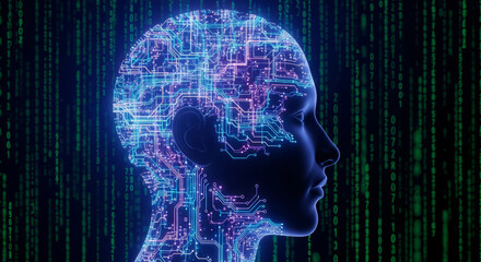 Obraz premium Digital Mind - Neural Network Head in Binary Code Background.