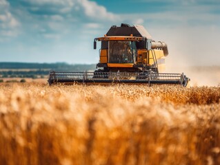 Obraz premium Golden Harvest: Combine Harvester in Action on Wheat Field with Clear Sky