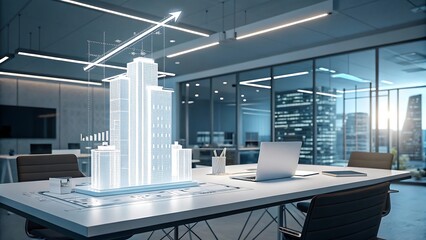 A futuristic blurred office with while glowing construction project rise from the table surface.