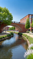Obraz premium Scenic urban landscape with brick bridge and serene canal on a bright sunny day for travelers