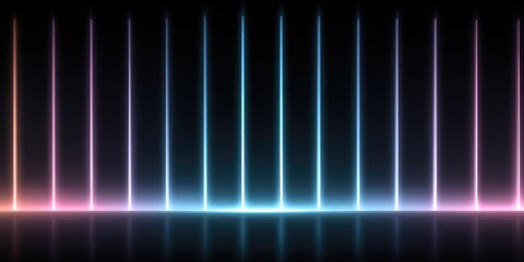 Vertical neon light streaks on dark background, reflecting on a glossy surface