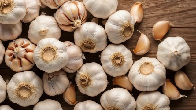 Fresh garlic bulbs and cloves spread across a wooden surface in sunlit arrangement