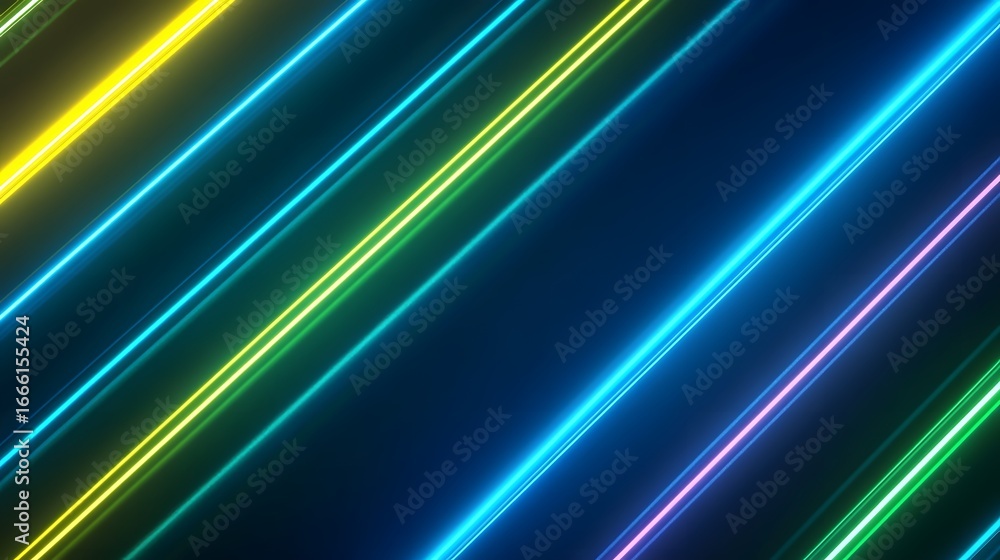 Poster vibrant diagonal neon light lines create a dynamic, colorful abstract design against a dark backdrop