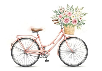 Charming pink bicycle adorned with a basket full of delicate pink roses and greenery