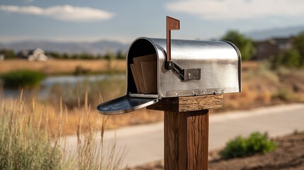 Metal mailbox with open door and several brown envelopes inside set against  blurred background of  suburban landscape