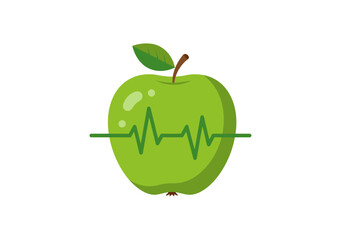 A green apple with a leaf and stem bisected by a green heartbeat line