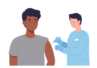 A man receives a vaccine injection in his arm from a healthcare worker