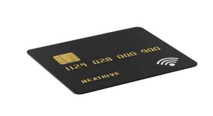 Sleek black credit or debit card with gold EMV chip & white contactless symbol, isolated on transparent studio background with copy space, high-key, ultra-realistic. Concept of modern digital finance