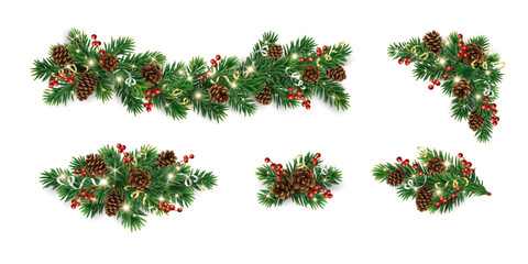 Christmas garlands and fir branches. Christmas decoration with pine cones, holly berries, glowing lights, ribbons. For holiday banners, cards, party posters. Transparent background in vector file. © Olga Prozorova