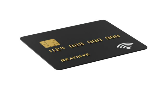 Sleek black credit or debit card with gold EMV chip & white contactless symbol, isolated on transparent studio background with copy space, high-key, ultra-realistic. Concept of modern digital finance