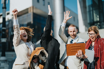 Business professionals expressing excitement and success in an outdoor urban setting