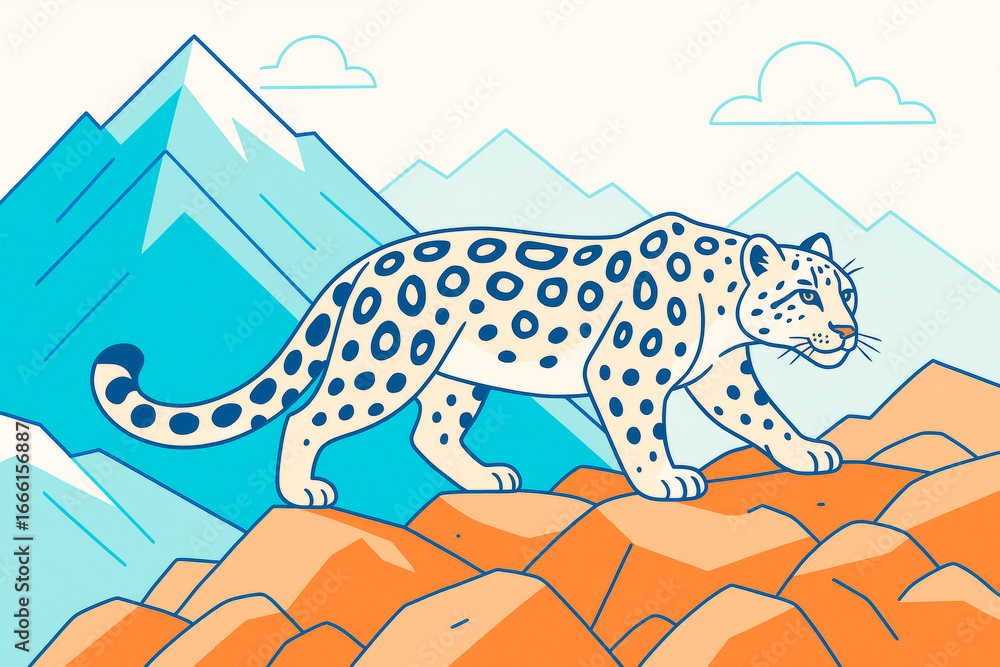 Poster snow leopard walking across rocky terrain with stylized mountain background and light abstract sky e