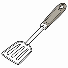 A simple cartoon illustration of a slotted metal spatula with a gray handle on a white background