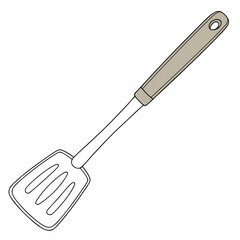 A simple illustration of a slotted spatula with a beige handle and a hole for hanging on a white background