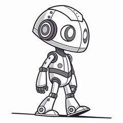 Cute cartoon robot character with big eyes walking forward on a white background