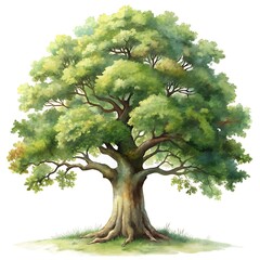 Majestic large oak tree with lush green foliage and strong branches isolated on white background