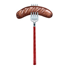 Fork with red handle with sausage. Watercolor illustration of cutlery. Silverware elements hand-painted isolated on white