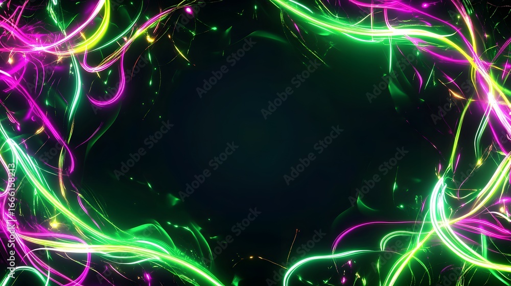 Poster vibrant neon lines create a dynamic, glowing frame against a dark backdrop.