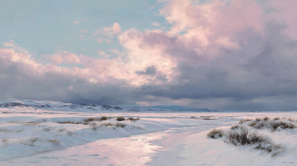 Fototapeta premium Winter landscape featuring soft pink clouds over a snowy field in early morning light with distant mountains