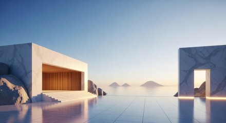 Modern minimalist architecture by the sea with clear sky