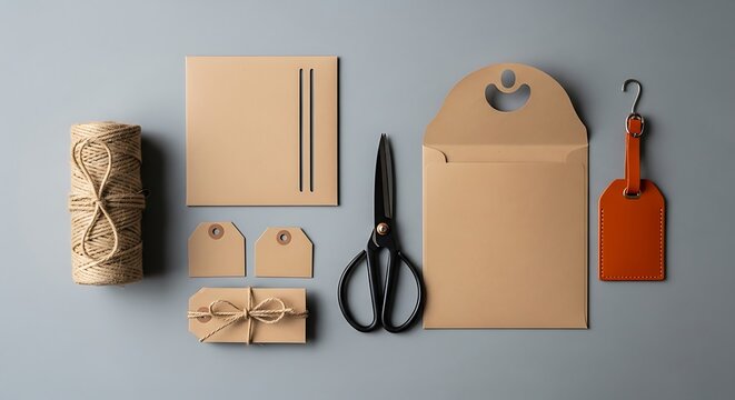 Flat lay of craft supplies including paper, envelope, scissors, tags, and twine on a grey background