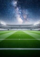 Empty illuminated football stadium under a starry night sky with the milky way visible