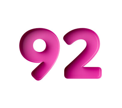 Vibrant pink number 92 Ninety two in bold gradient font with a slight shadow effect, 3d illustration