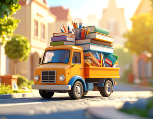 Orange Delivery Truck Loaded With Books School Supplies Driving Through Sunny City Street in Daylight