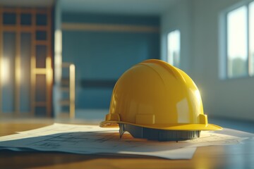 Yellow construction helmet resting on blueprints in a well-lit room with wooden flooring