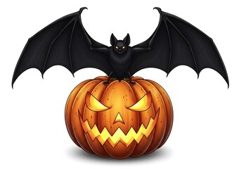 Naklejka premium Spooky halloween jack o lantern with bat perched on top against a white background