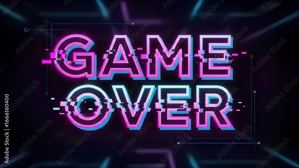 Poster neon digital game over text animation with glitch effects in a dark background