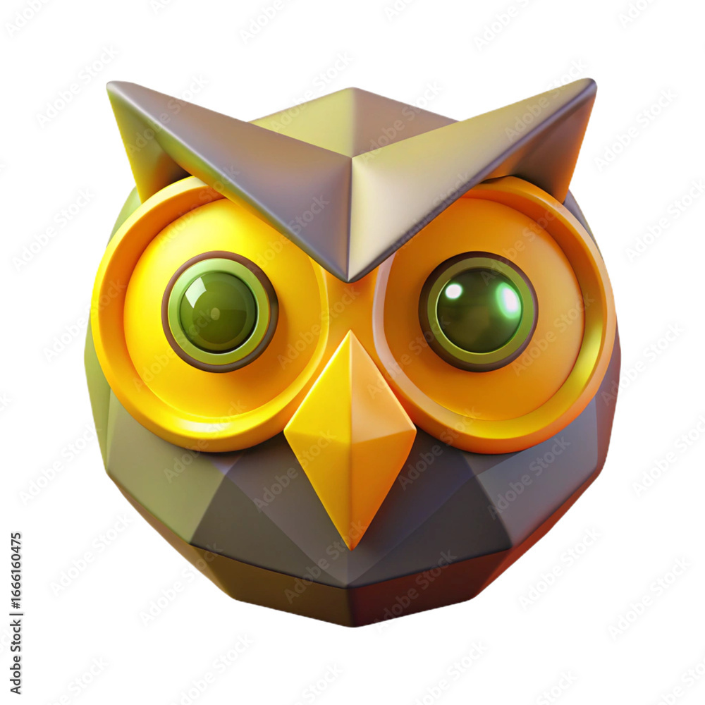 Poster a 3d rendering of a geometric owl head isolated on transparent background