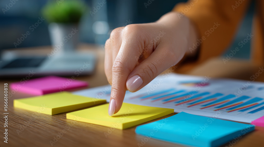Poster hand points at sticky notes on desk with labor market report and discussion charts showing business 