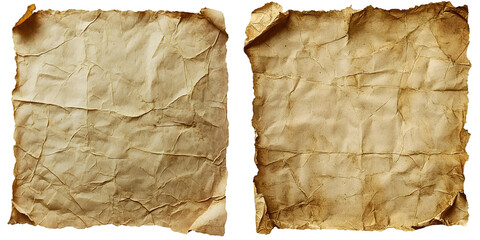 Aged vintage parchment paper texture with a worn and weathered look isolated on a transparent background