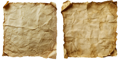 Aged vintage parchment paper texture with a worn and weathered look isolated on a transparent background