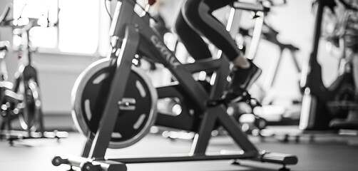 Person on a stationary exercise bike in a modern gym setting shown in black and white tones, with blurred effect creating a soft abstract workout scene full of energy.