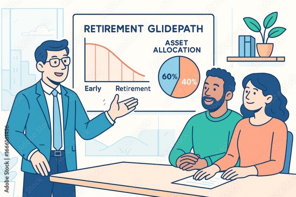 Poster financial advisor explaining retirement glidepath and asset allocation to a couple in a light busine