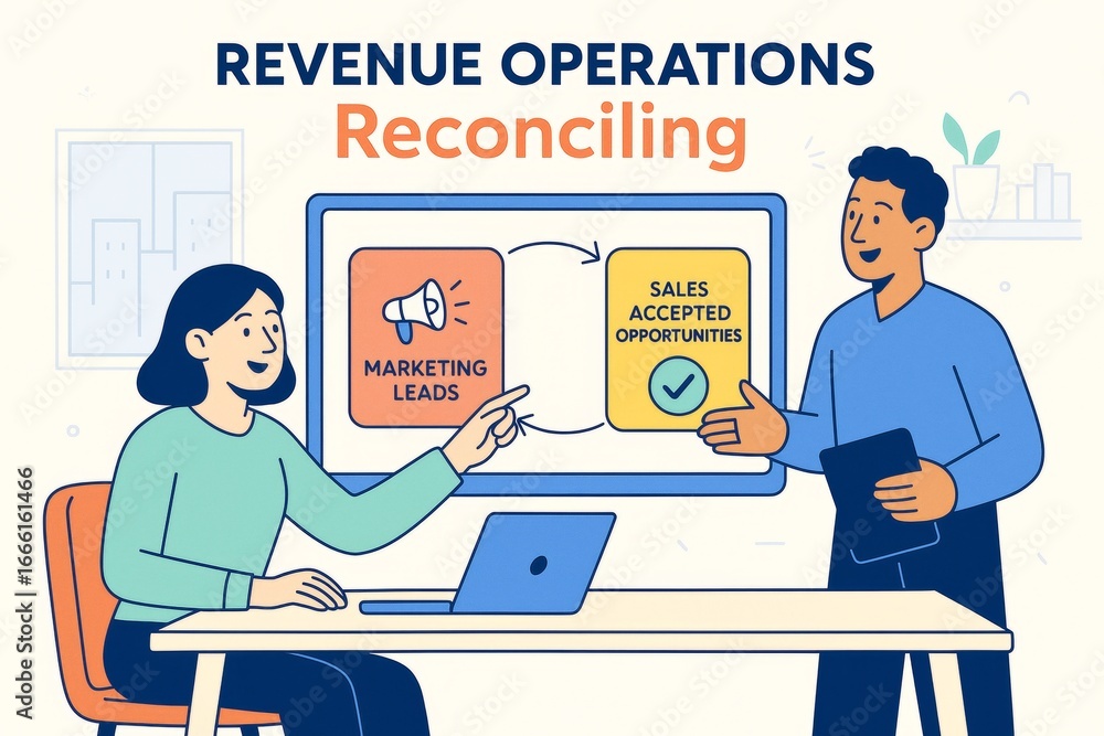 Poster Business team discussing reconciling marketing leads and sales opportunities in revenue operations on light background in creative abstract style. Ai generative