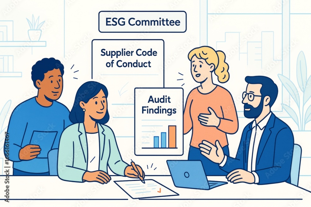 Poster esg committee discussing audit findings and supplier code of conduct in a business meeting with ligh