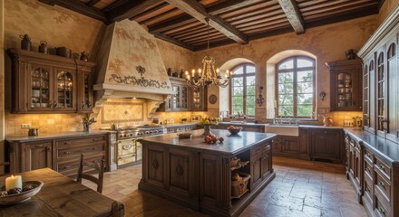 Rustic Tuscan Kitchen with Wooden Beams, Ornate Chandelier, and Large Central Island in Warm Earth Tones