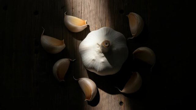 Dramatic light transformations over garlic and pumpkin still life composition