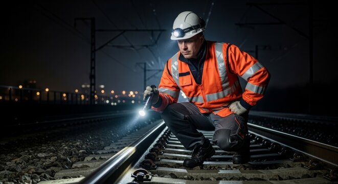 Railway worker inspecting tracks at night with flashlight