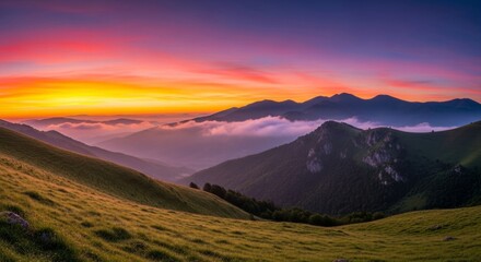 Fototapeta premium Breathtaking sunrise over mountainous landscape with rolling hills and mist
