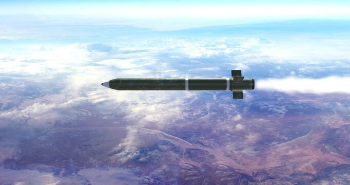 Military ballistic missile traveling over mountain landscape. War And Weapons Related 3D Animation.