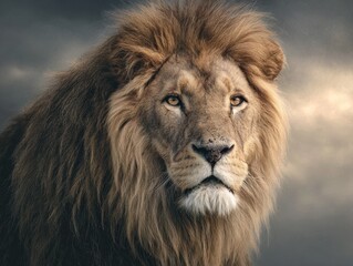 Fototapeta premium Majestic Lion with Golden Mane in Intense Stare, Against Ethereal Savannah Backdrop